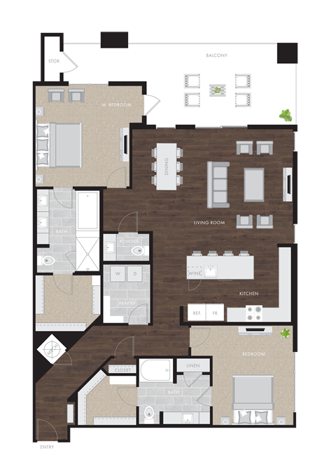 Floor plan for 2 beds, 2.5 baths, 1867 sqft